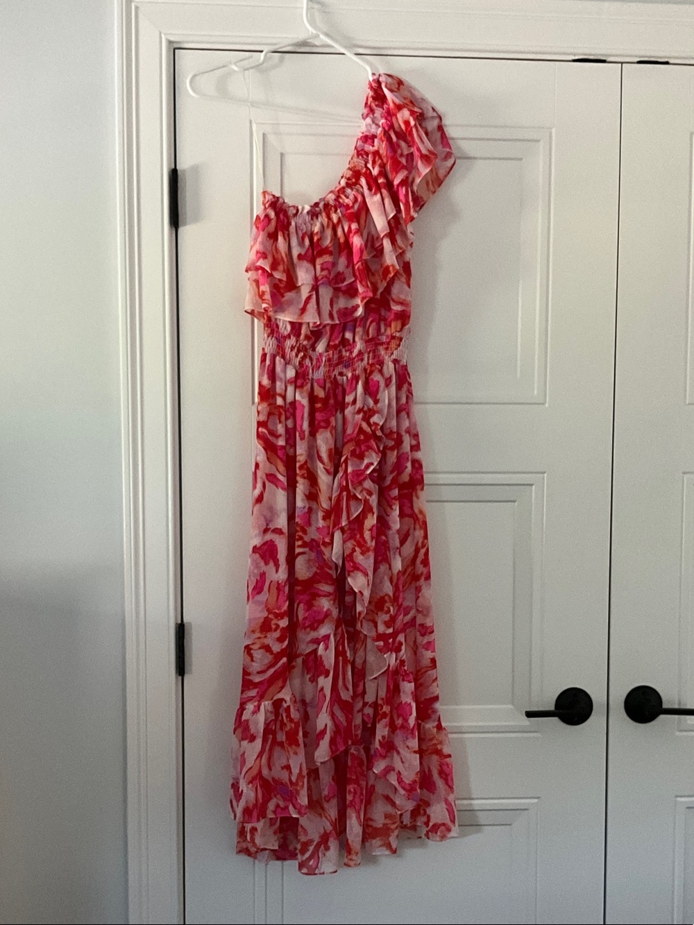 Misa Los Angeles Pink & Red One-Shoulder Ruffle Maxi Dress